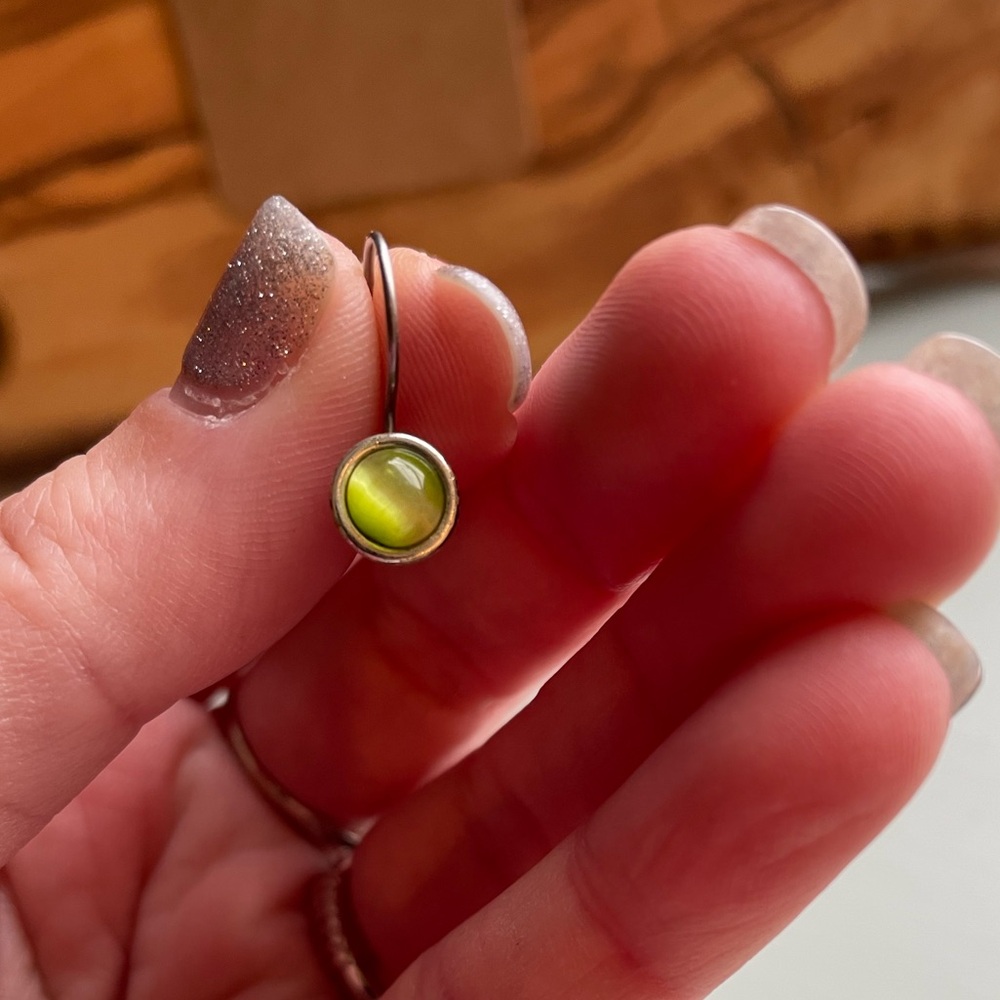 Silver Earrings with Lime Green Cats Eye